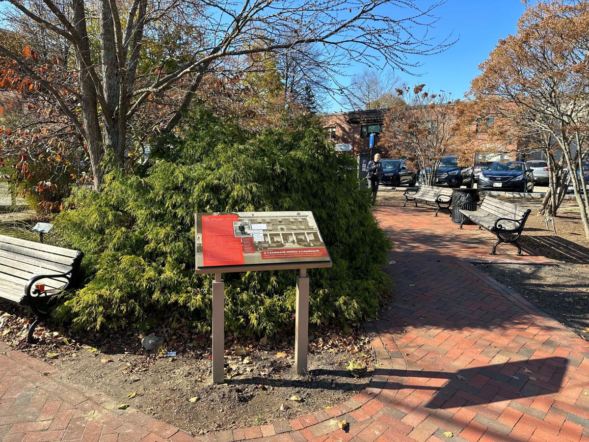 •	“Landmark within a Landmark” interpretive sign about M.P. Townes on State St. (photo by Geordie Vining, 11/17/2023)