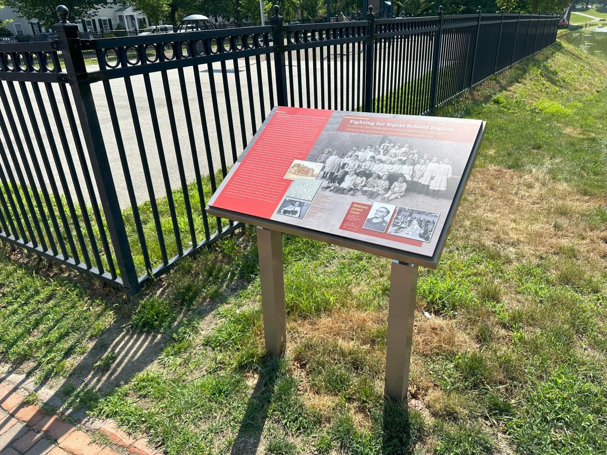 “Fighting for Equal School Rights” sign on Auburn Street across from the old Kelley School (photo by Geordie Vining, 9/26/24)