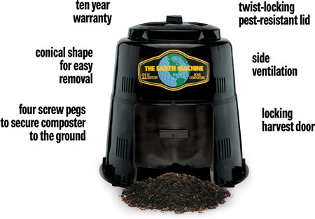 A black Earth Machine compost bin.