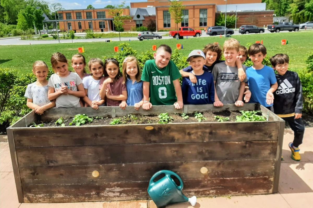 A group of young students stand around a raised bed with plants growing