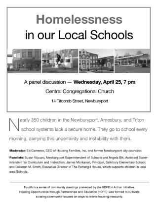 Homelessness and Local Area Schools Panel Discussion, April 25, 7 PM