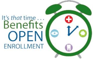 Green clock with text saying It's that time...Benefits Open Enrollment