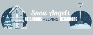 Snow Angels. Neighbors Helping Neighbors. Grey logo with image of a snow covered house and image of a shovel in snow.