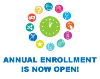 Annual Enrollment is Now Open! Clock with colorful health images surround it.